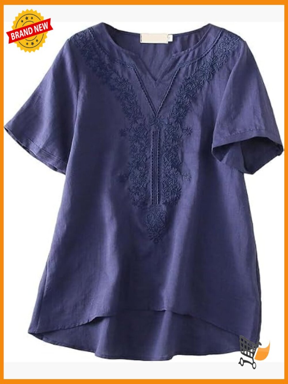 Linen V-Neck Embroidered Tunic Top Boho Blouse